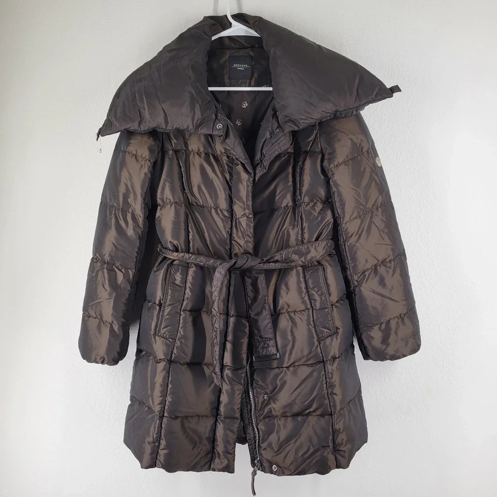 Weekend Max Mara Puffer Coat Belted Shawl Collar Puffy Goose Down Jacket Brown M